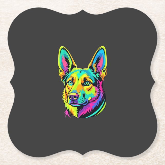 Neon Dog Colourful Vector Portrait Paper Coaster (Front)