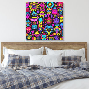 Neon Doodle Faces – Vibrant Street Art Pattern Canvas Print