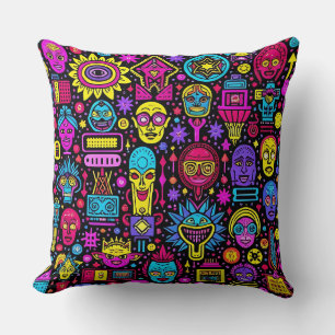 Neon Doodle Faces – Vibrant Street Art Pattern Cushion
