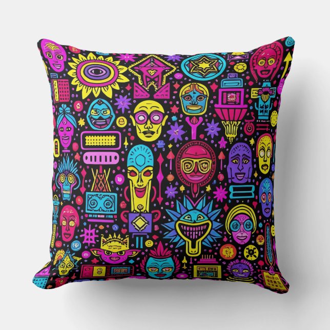 Neon Doodle Faces – Vibrant Street Art Pattern Cushion (Front)