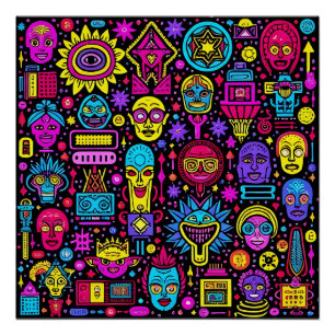 Neon Doodle Faces – Vibrant Street Art Pattern Poster