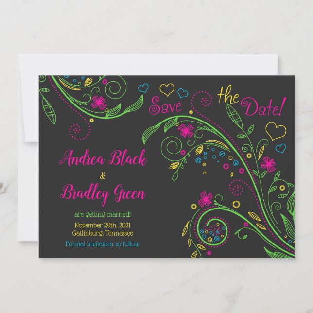 Neon Doodle Floral Wedding Save the Date (Front)