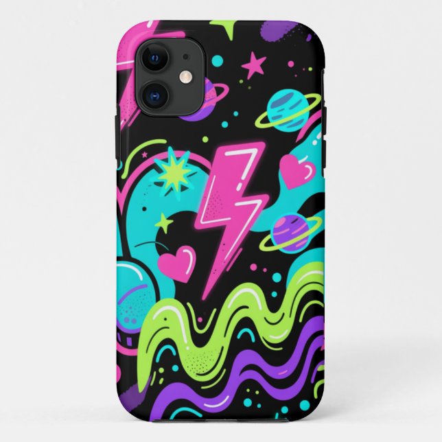 Neon Doodle Pattern Phone Case on Black  (Back)