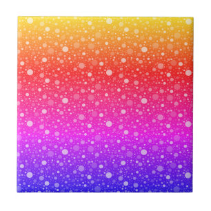 Neon Dots on Yellow Red and Purple-Blue Stripes Ceramic Tile