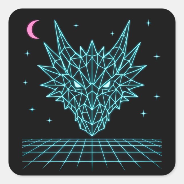 Neon Dragon Synthwave – Retro Fire Beast Square Sticker (Front)
