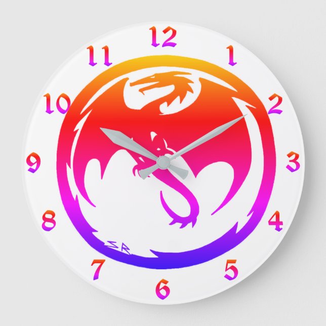 Neon Dragon white wall clock w numbers (Front)