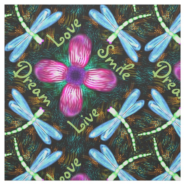 Neon Dragonflies Pink Flower Black Shimmer Pattern Fabric (Swatch)