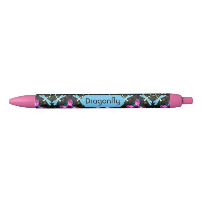 Neon Dragonflies Pink Flower Black Shimmer Pattern Ink Pen (Front)