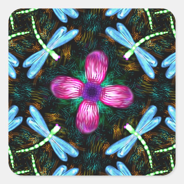 Neon Dragonflies Pink Flower Black Shimmer Pattern Square Sticker (Front)