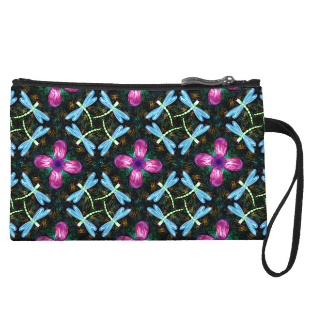 Neon Dragonflies Pink Flower Black Shimmer Pattern Wristlet (Front)