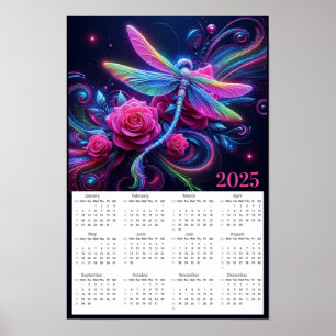 Neon Dragonfly and Roses 2025 Calendar Poster