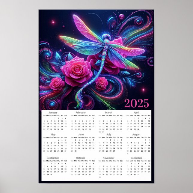 Neon Dragonfly and Roses 2025 Calendar Poster (Front)