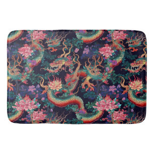Neon Dragons and Flowers Bath Mat