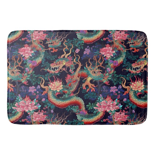 Neon Dragons and Flowers Bath Mat (Front)