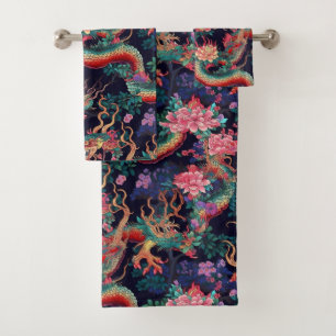 Neon Dragons and Flowers Bath Towel Set