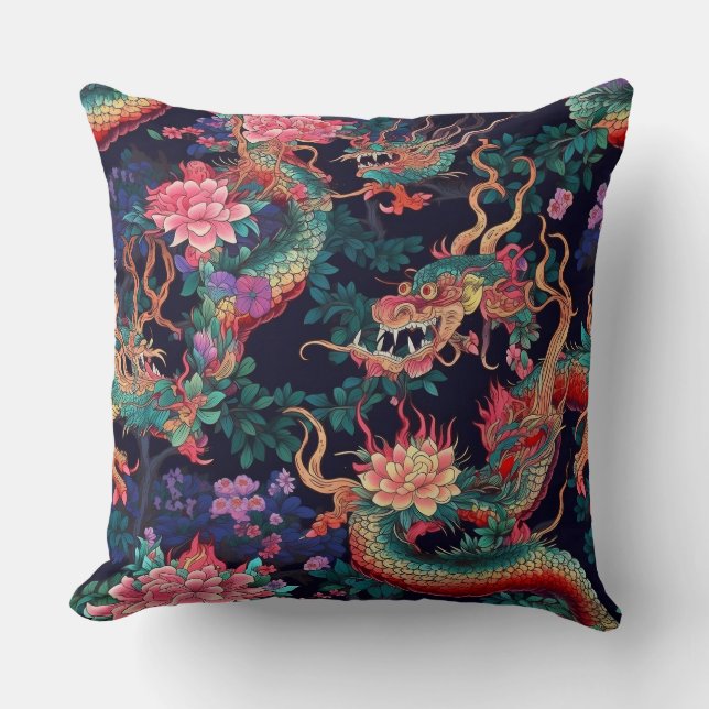 Neon Dragons and Flowers Cushion (Front)