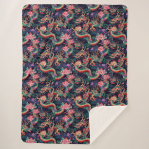 Neon Dragons and Flowers Sherpa Blanket