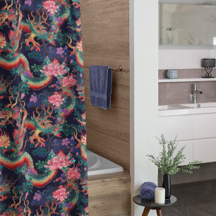 Neon Dragons and Flowers Shower Curtain