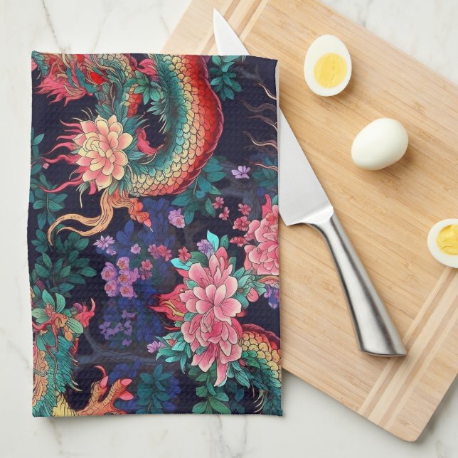 Neon Dragons and Flowers Tea Towel (Quarter Fold)