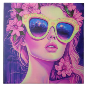 Neon Dream Girl with Floral Sunglasses Ceramic Tile