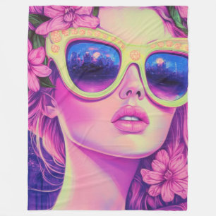 Neon Dream Girl with Floral Sunglasses Fleece Blanket