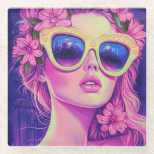Neon Dream Girl with Floral Sunglasses Glass Coaster