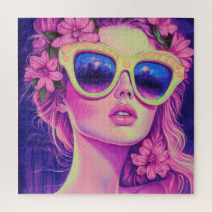 Neon Dream Girl with Floral Sunglasses Jigsaw Puzzle