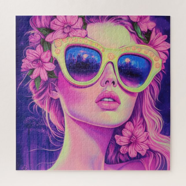 Neon Dream Girl with Floral Sunglasses Jigsaw Puzzle (Vertical)