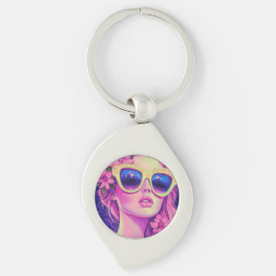 Neon Dream Girl with Floral Sunglasses Key Ring