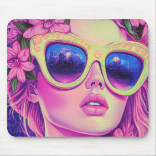 Neon Dream Girl with Floral Sunglasses Mouse Pad