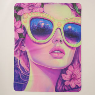Neon Dream Girl with Floral Sunglasses Sherpa Blanket