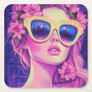 Neon Dream Girl with Floral Sunglasses Square Paper Coaster