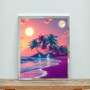 Neon Dreams: A Serene Tropical Beach Sunset Poster