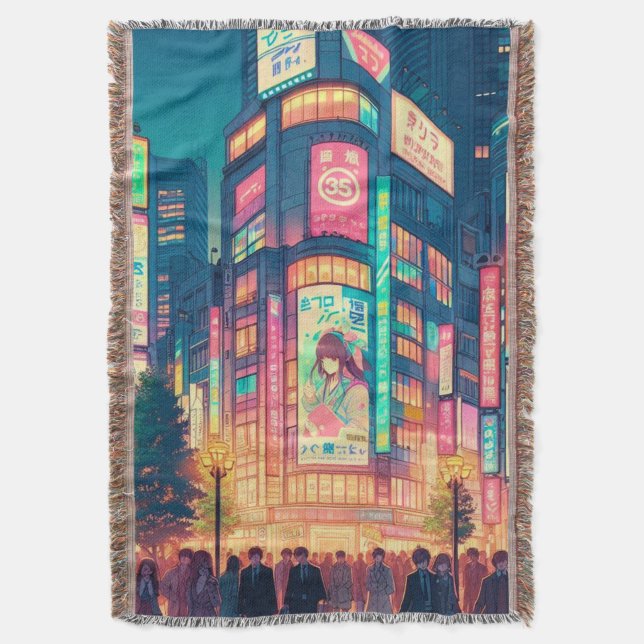 Neon Dreams of Shibuya Throw Blanket (Front Vertical)