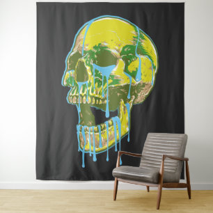 Neon Dripping Skull Illustration – Bold Grunge Art Tapestry