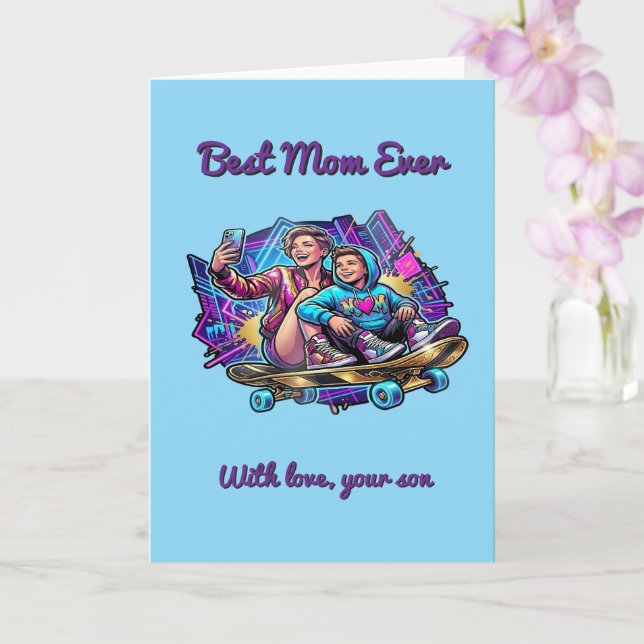 Neon Drive Mother’s Day Card: Cool Mom & Son Art Card (Orchid)