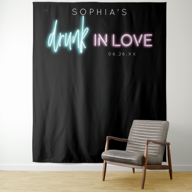 Neon Drunk In Love Bachelorette Party Backdrop Tapestry (In Situ)