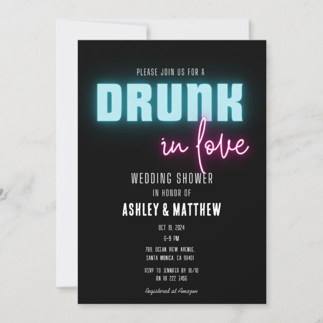 Neon Drunk in Love Wedding Couples Shower Invitation (Front)