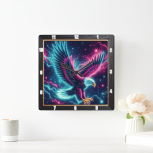 Neon Eagle Lightning Bolt  Square Wall Clock