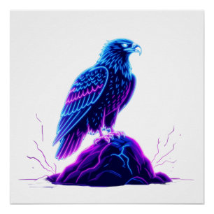 Neon Eagle on Glowing Rock – Cyberpunk Style Poster