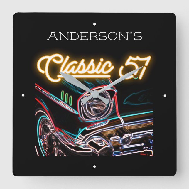 Neon Effect Chevy Classic 1957 Car Name Gold  Square Wall Clock (Front)