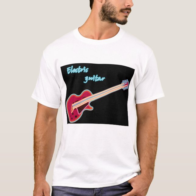 Neon Electric Guitar Retro 80s Rock Music T-Shirt (Front)