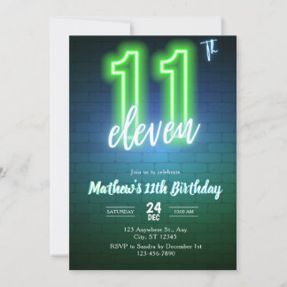 Neon Eleventh birthday Invitation