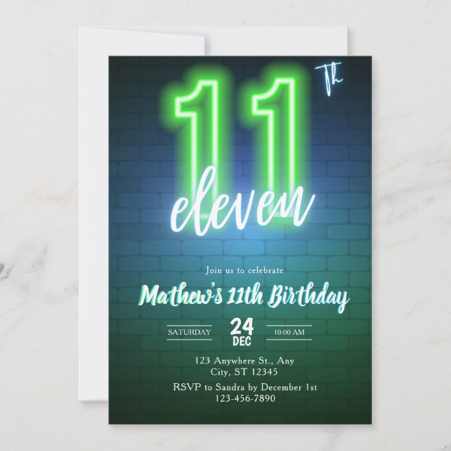 Neon Eleventh birthday Invitation (Front)