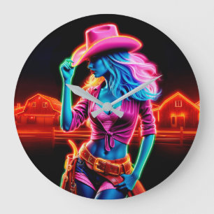 Neon fantasy cowgirl in glowing ranch setting large clock