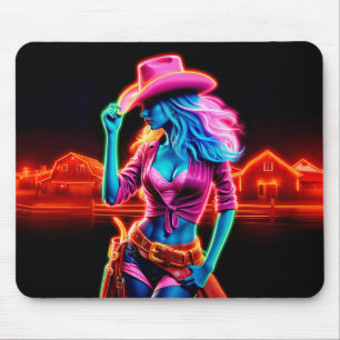 Neon fantasy cowgirl in glowing ranch setting mouse pad