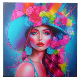 Neon Fantasy Floral Portrait Ceramic Tile