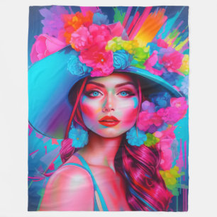 Neon Fantasy Floral Portrait  Fleece Blanket