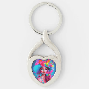 Neon Fantasy Floral Portrait Key Ring