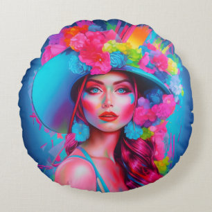 Neon Fantasy Floral Portrait  Round Cushion
